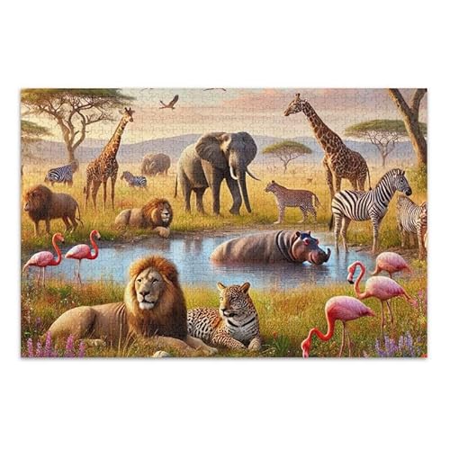 1000 Teile Puzzle afrikanische Wildtierszene DIY Geschenk Puzzle mit Netz-Aufbewahrungstasche Lustiges Puzzle für Erwachsene Kinder von ODAWA