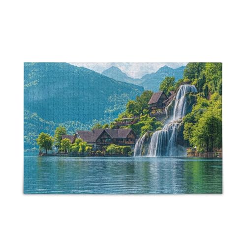 500 Teile Puzzle, Dorf Berg Wasserfall Puzzle Herausforderndes Puzzle-Spiel für Erwachsene, Familien, 52,1 cm L x 37,8 cm B von ODAWA