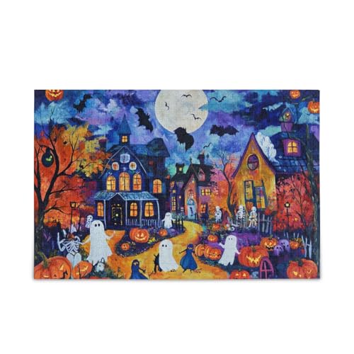 500 Teile Puzzle, Halloween Dorf Nacht Blau Puzzles DIY Geschenk Puzzle mit Netz-Aufbewahrungstasche Lustiges Puzzle für Erwachsene, 52,1 cm L x 37,8 cm B von ODAWA