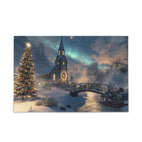 500 Teile Puzzle, Kirche Winter Nacht Puzzle DIY Geschenk Puzzle mit Netz-Aufbewahrungstasche für Erwachsene, Familien, 52,1 cm L x 37,8 cm B von ODAWA