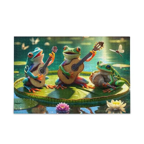 500-teiliges Puzzle, Frösche, die Musik spielen, Puzzle, DIY-Geschenk, Puzzles mit Netz-Aufbewahrungstasche, lustiges Puzzle für Erwachsene, 52,1 cm L x 37,8 cm B von ODAWA