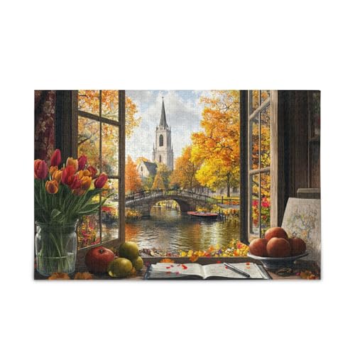 500-teiliges Puzzle, Herbst-Fensteransicht-Puzzle, herausforderndes Puzzle-Spiel für Erwachsene und Teenager, 52,1 cm L x 37,8 cm B von ODAWA