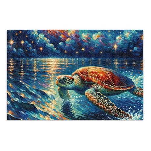 500-teiliges Puzzle, Meeresschildkröte unter der Nacht, Puzzle, DIY-Geschenk-Puzzles mit Netz-Aufbewahrungstasche, lustiges Puzzle für Erwachsene, 52,1 cm L x 37,8 cm B von ODAWA