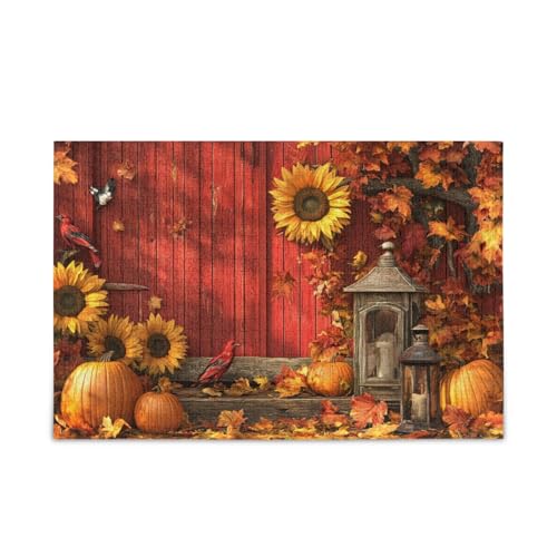 500-teiliges Puzzle, Sonnenblumen und Kürbisse, rotes Puzzle, DIY-Geschenk-Puzzles mit Netz-Aufbewahrungstasche für Erwachsene, Familien, 52,1 cm L x 37,8 cm B von ODAWA