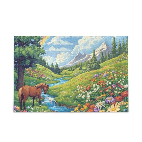 500-teiliges Puzzle, bunte Blumen, Pferd, Regenbogen-Puzzle, Puzzle-Spiel, Wandkunst, Herausforderung für Erwachsene, 52,1 x 37,8 cm (L x B) von ODAWA