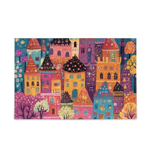 500-teiliges Puzzle, buntes Dorf-Puzzle, DIY-Geschenk, Puzzle mit Netz-Aufbewahrungstasche für Erwachsene und Teenager, 52,1 x 37,8 cm (L x B) von ODAWA