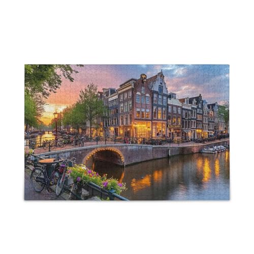 Amsterdam Twilight Orange Puzzles 500 Teile Puzzle DIY Geschenk Jigsaw Puzzles mit Mesh Aufbewahrungstasche Lustiges Puzzle für Erwachsene von ODAWA