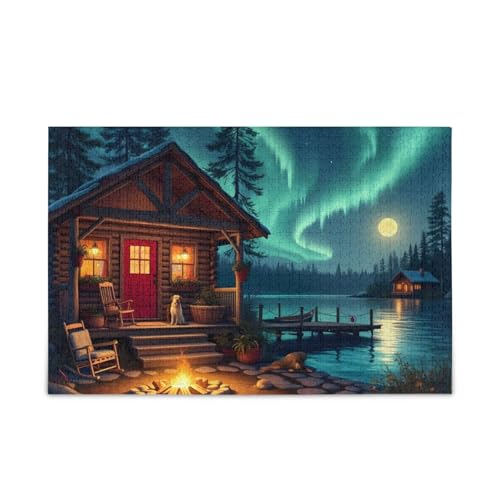 Aurora Cabin Blue Puzzles 500 Teile Puzzle DIY Geschenk Jigsaw Puzzles mit Mesh Aufbewahrungstasche Herausforderung Puzzle für Erwachsene von ODAWA