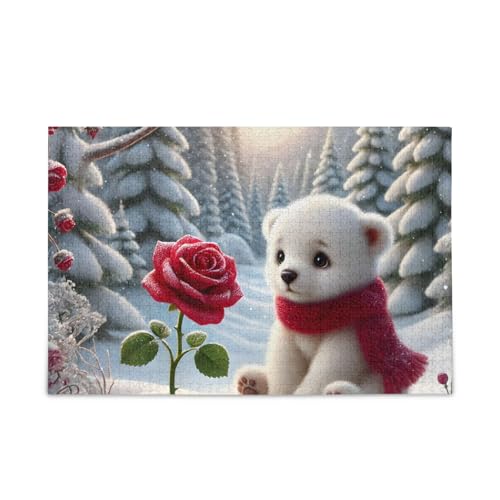 Bären-Rose, weißes Puzzle, stabile 2 mm Puzzleteile, Herausforderungspuzzle für Erwachsene, fertige Größe 74,9 x 50 cm von ODAWA