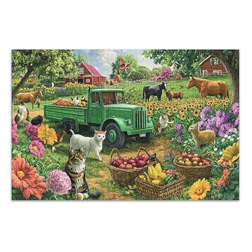 Bauernhof Green Truck Animals Jigsaw Puzzles Herausforderndes Puzzle-Spiel für Erwachsene, Familien, Fertige Größe 74,9 x 50 cm von ODAWA