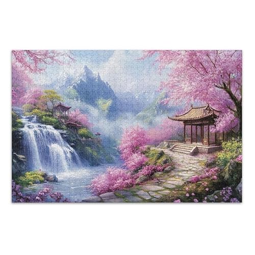 Berg Wasserfall Friedlicher Garten Rosa Puzzle Herausforderndes Puzzle-Spiel Lustiges Puzzle für Erwachsene, Fertige Größe 74,9 x 50 cm von ODAWA