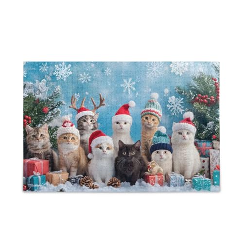 Blaue Puzzles mit Weihnachtsmann-Katzen, 500 Teile, stabiles 2 mm Puzzleteile, lustiges Puzzle für Erwachsene von ODAWA