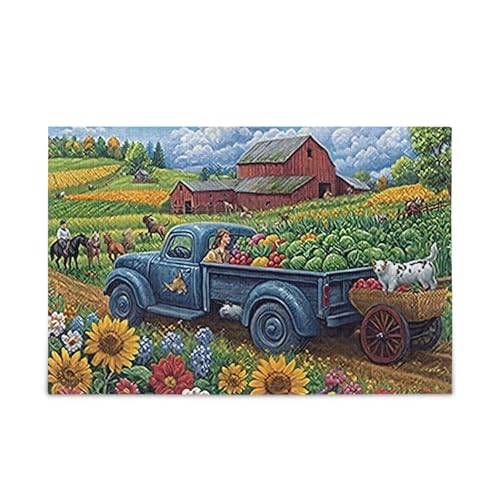 Blue Truck Sonnenblumenfelder Puzzles 500 Teile Puzzle Herausforderndes Puzzlespiel für Erwachsene Familien von ODAWA