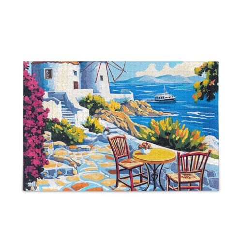 Bunte griechische Insel-Szene, Puzzle-Spiel, Heim-Wandkunst für Erwachsene, Familien, fertige Größe 74,9 x 50 cm von ODAWA