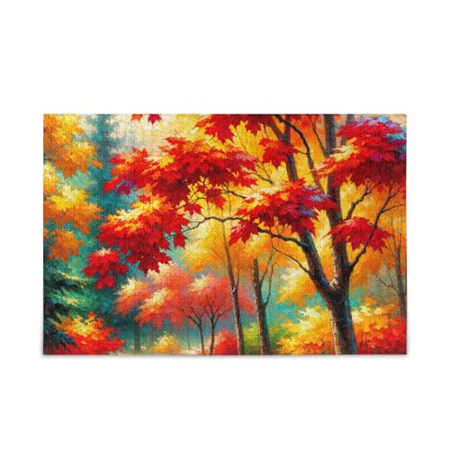 Buntes Herbstlaub-Puzzle mit Netz-Aufbewahrungstasche für Erwachsene, Familien, fertige Größe 74,9 x 50 cm von ODAWA