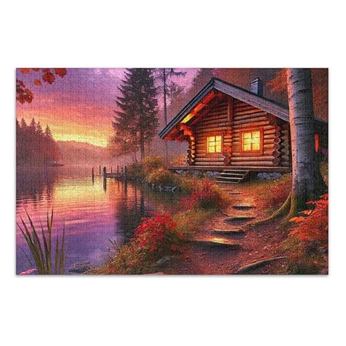 Cabin Lakeside Sunset Jigsaw Puzzle Game Home Wall Artwork Funny Puzzle for Adults, Finished Size 74.9 cm x 50.0 cm von ODAWA