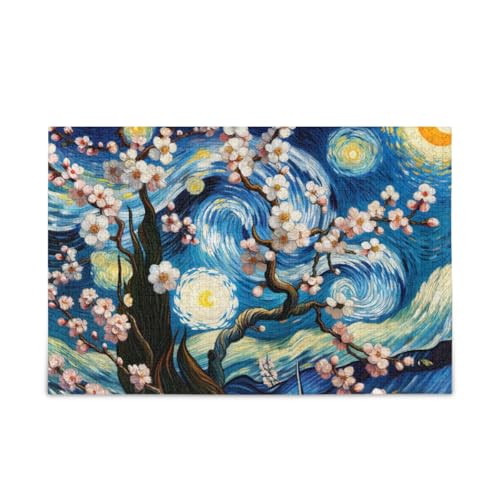 Cherry Blossom Starry Nigh Puzzles Herausforderndes Puzzle-Spiel, lustiges Puzzle für Erwachsene und Kinder, fertige Größe 74,9 x 50 cm von ODAWA