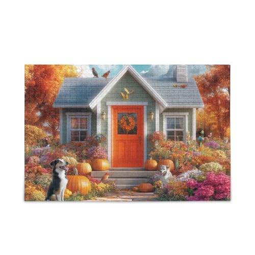 Cozy Fall Entrance Dogs Puzzles 500 Teile Puzzle Stabile 2 mm Puzzleteile Lustiges Puzzle für Erwachsene von ODAWA