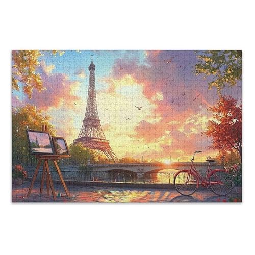 Eiffelturm Sonnenuntergang Puzzle DIY Geschenk Puzzle mit Netz-Aufbewahrungstasche Spaß Familie Aktivität, Fertige Größe 74,9 x 50 cm von ODAWA