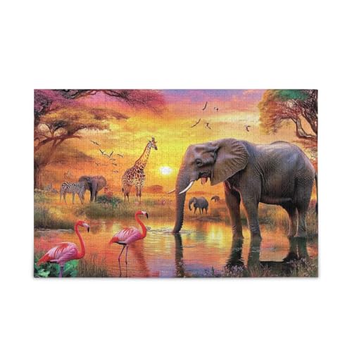 Elefanten-Puzzle, Flamingo-Zoo-Puzzle, stabile 2-mm-Puzzleteile, lustiges Puzzle für Erwachsene und Kinder, fertige Größe 74,9 x 50 cm von ODAWA