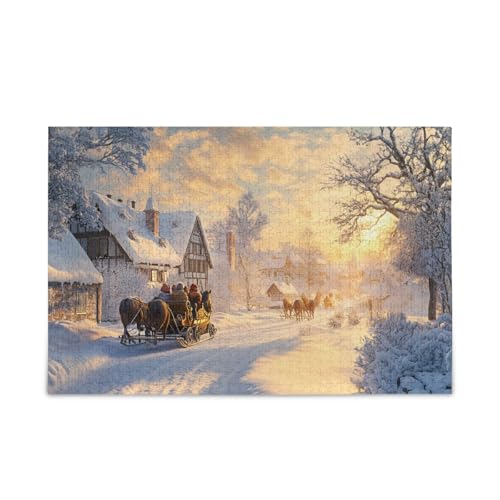 Familie Winterszene Schlitten Puzzle 500 Teile Puzzle DIY Geschenk Jigsaw Puzzles mit Mesh Aufbewahrungstasche für Erwachsene Familien von ODAWA