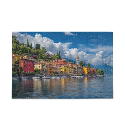 Farbenfrohes Puzzle mit Netz-Aufbewahrungstasche, Motiv: Lake Town, Blau, für Erwachsene, fertige Größe 74,9 x 50 cm von ODAWA