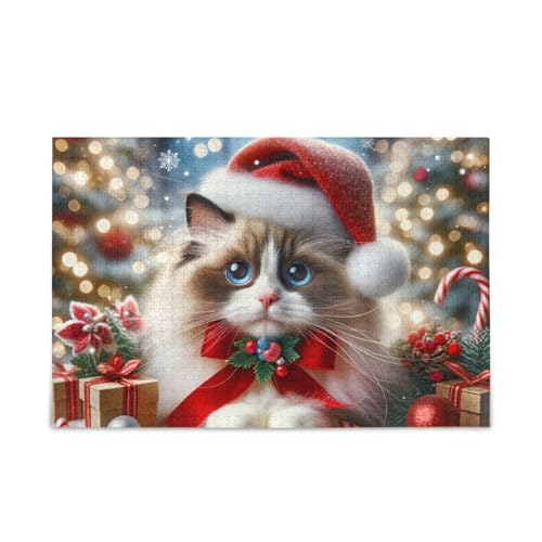 Festive Santa Cat Red Puzzles DIY Gift Jigsaw Puzzles with Mesh Storage Bag for Adults, Families, Finished Size 74.9 cm x 50.0 cm von ODAWA