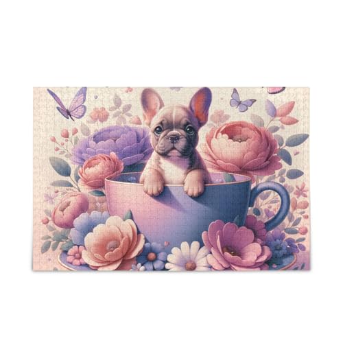 Floral Teetasse Hund Rosa Puzzles 500 Teile Puzzle Stabile 2 mm Puzzleteile Lustiges Puzzle für Erwachsene Kinder von ODAWA