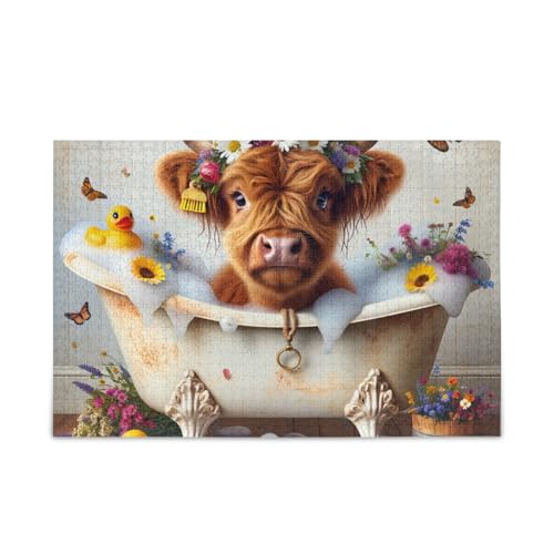 Flower Bath Cow Yellow Puzzles DIY Gift Jigsaw Puzzles with Mesh Storage Bag Fun Family Activity, Finished Size 74.9 cm x 50.0 cm von ODAWA