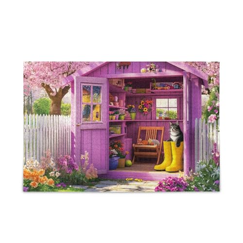 Gartenhaus Blühende Blumen Katze Puzzle 500 Teile Puzzle Puzzle Spiel Home Wall Artwork für Erwachsene Familien von ODAWA