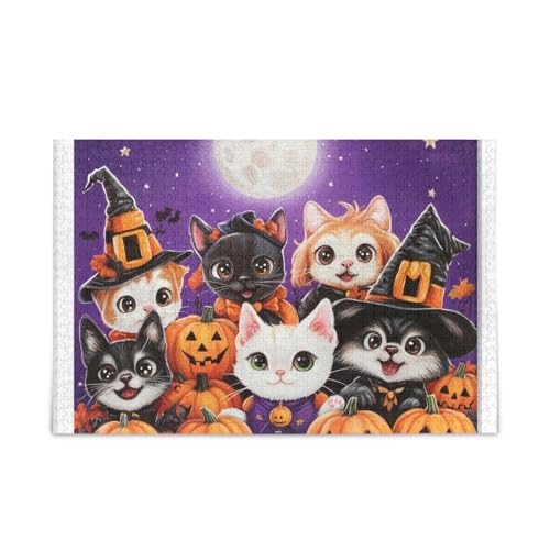 Halloween Katzen und Kürbisse Lila Puzzle 500 Teile Puzzle Herausforderndes Puzzlespiel Lustiges Puzzle für Erwachsene von ODAWA