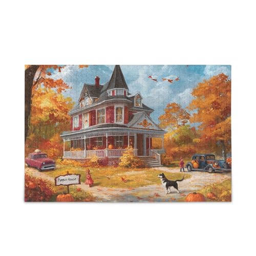 Herbsthaus Kürbisse Schwarze Katze Puzzle 500 Teile Puzzle DIY Geschenk Jigsaw Puzzles mit Mesh Aufbewahrungstasche Lustiges Puzzle für Erwachsene von ODAWA