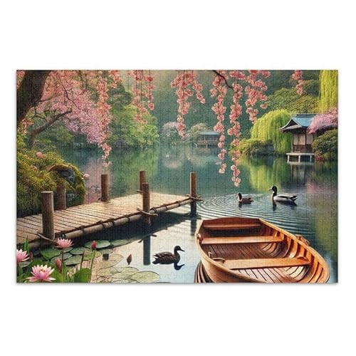 Holzboot Kirschblüten Puzzle herausforderndes Puzzle-Spiel für Erwachsene Familien Fertige Größe 74.9 cm x 50.0 cm von ODAWA