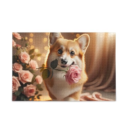 Hund mit Rosen Gold Puzzle 500 Teile Puzzle DIY Geschenk Jigsaw Puzzles mit Mesh Aufbewahrungstasche Herausforderung Puzzle für Erwachsene von ODAWA