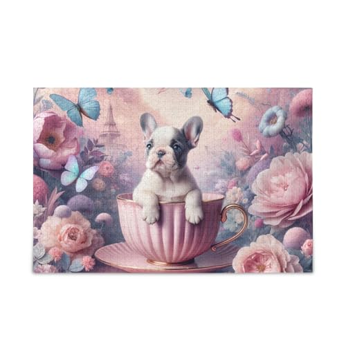 Hunde-Puzzle, Teetasse, robust, 2 mm, Puzzleteile für Erwachsene und Jugendliche, fertige Größe 74,9 x 50 cm, Rosa von ODAWA