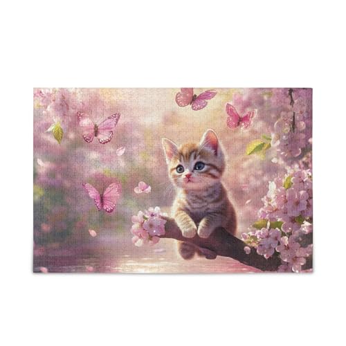 Kätzchen-Kirschblüten-Puzzle, herausforderndes Puzzle-Spiel, Spaß, Familienaktivität, fertige Größe 74,9 x 50 cm von ODAWA