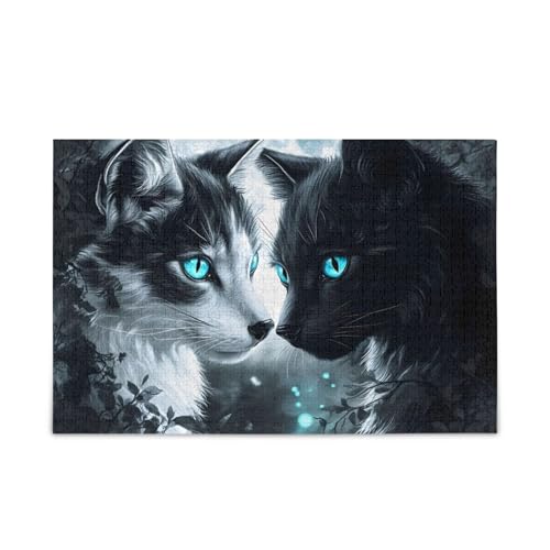 Katzen Mondlicht Blaue Augen Puzzle 500 Teile Puzzle Herausforderndes Puzzlespiel für Erwachsene Familien von ODAWA