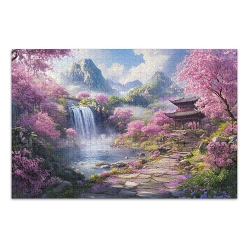 Kirschblütenpfad, rosa Puzzle, DIY-Geschenk, Puzzles mit Netz-Aufbewahrungstasche, lustige Familienaktivität, fertige Größe 74,9 x 50 cm von ODAWA