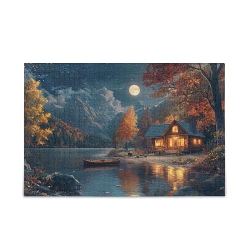 Moonlight Lake Cabin Blue Puzzle 500 Teile Puzzle Herausforderndes Puzzle-Spiel Spaß Familienaktivität von ODAWA