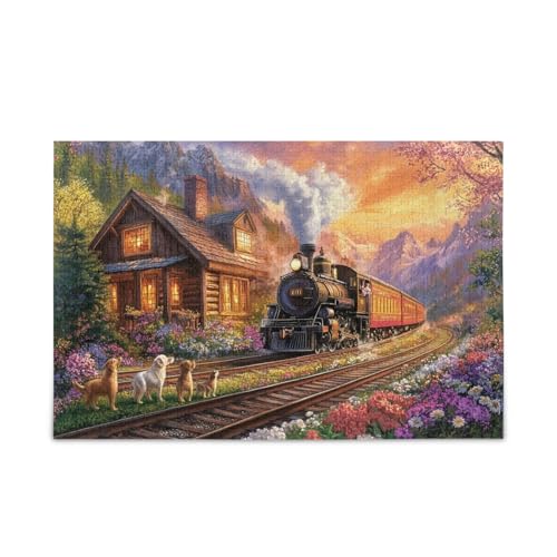 Mountain Cabin Train Sunset Puzzles Puzzle Game Home Wall Artwork Funny Puzzle for Adults, Finished Size 74.9 cm x 50.0 cm von ODAWA