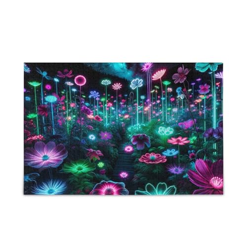 Neon Garden Blue Puzzles 500 Teile Puzzle DIY Geschenk Jigsaw Puzzles mit Mesh Aufbewahrungstasche Lustiges Puzzle für Erwachsene von ODAWA