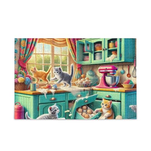 Niedliche Katzen Küche Blaugrün Puzzles 500 Teile Puzzle Spiel Home Wall Artwork Fun Family Activity von ODAWA