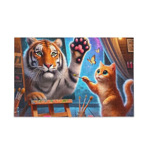 Niedliche Katzen zeichnen Tiger Puzzles DIY Geschenk Puzzle mit Netz-Aufbewahrungstasche, lustige Familienaktivität, fertige Größe 74,9 x 50 cm von ODAWA