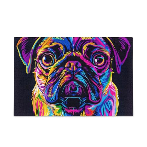 Niedliche Neon Mops Hund Puzzles 500 Teile Puzzle DIY Geschenk Puzzle mit Netz-Aufbewahrungstasche Spaß Familie Aktivität von ODAWA