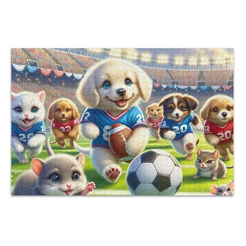 Niedliche Tiere, Fußball-Sport-Puzzle, DIY-Geschenk, Puzzles mit Netz-Aufbewahrungstasche für Erwachsene, Familien, fertige Größe 74,9 x 50 cm von ODAWA