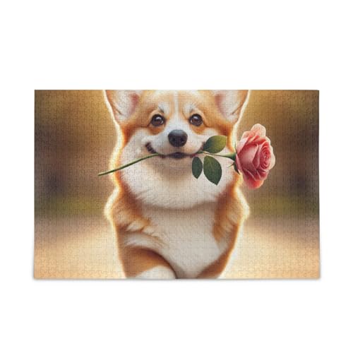 Niedlicher Hund mit Rose Puzzles 500 Teile Puzzle DIY Geschenk Jigsaw Puzzles mit Mesh Aufbewahrungstasche Herausforderung Puzzle für Erwachsene von ODAWA