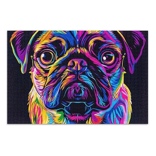 Niedliches Neon Mops Hund Puzzle 500 Teile Puzzle DIY Geschenk Jigsaw Puzzles mit Mesh Aufbewahrungstasche für Erwachsene Familien von ODAWA