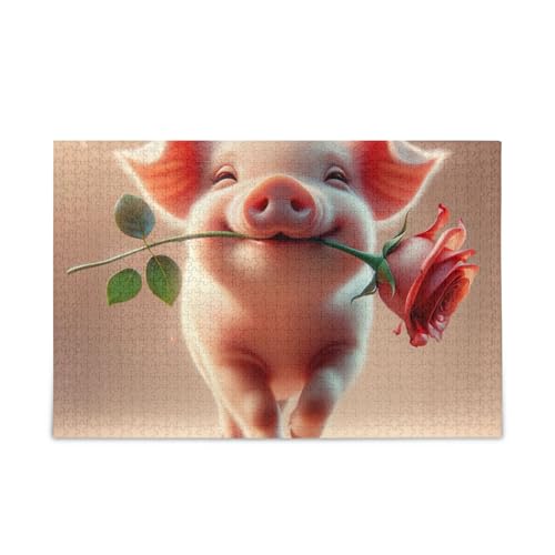 Niedliches Schwein Rote Rose Puzzles 500 Teile Puzzle DIY Geschenk Puzzles mit Netz-Aufbewahrungstasche für Erwachsene Familien von ODAWA