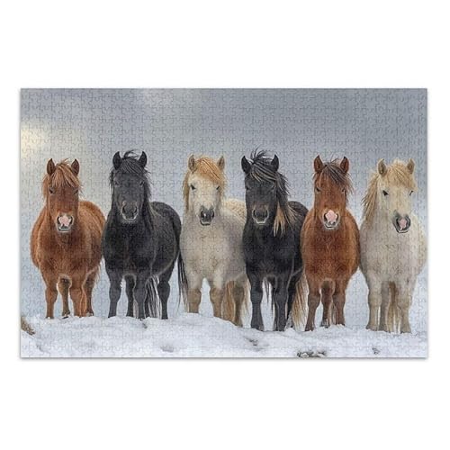 Niedliches Winterpferde Puzzle 500 Teile Puzzle DIY Geschenk Jigsaw Puzzles mit Mesh-Aufbewahrungstasche für Erwachsene Familien von ODAWA