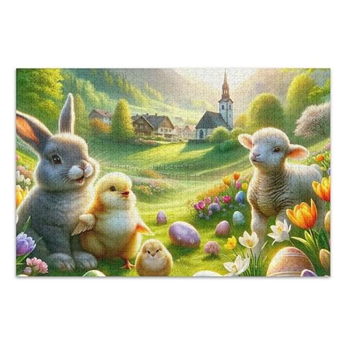 Ostertiere Dorf grünes Puzzle DIY Geschenk Puzzle mit Netz-Aufbewahrungstasche Lustiges Puzzle für Erwachsene Erwachsene Fertige Größe 74,9 x 50 cm von ODAWA